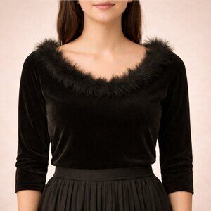 Vintage Black Velvet Feather Trim Top Y2K Party Holiday Glam Whimsigoth Size L